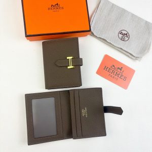 エルメス風 ベアン コンパクト 二つ折り財布 トゴレザー調 エトゥープ ゴールド金具