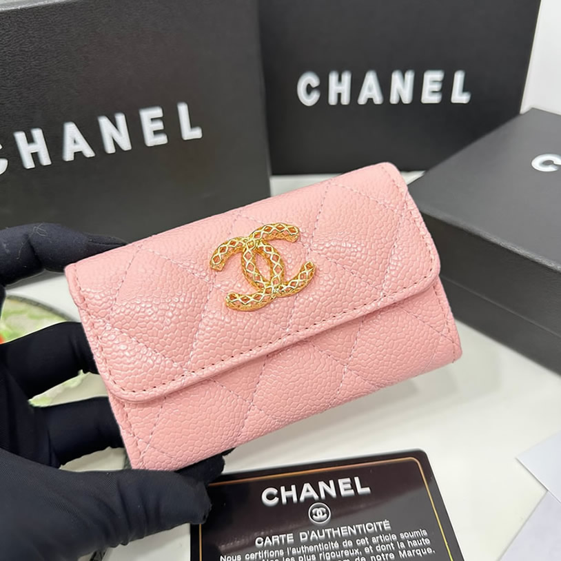 シャネル マトラッセ キャビアスキン 三つ折り財布 ピンク ゴールド金具 chg8003