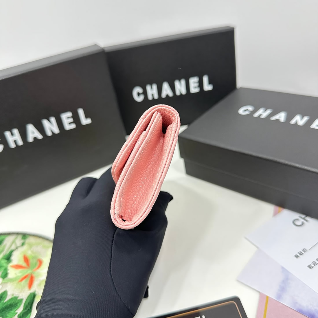 シャネル マトラッセ キャビアスキン 三つ折り財布 ピンク ゴールド金具 chg8003