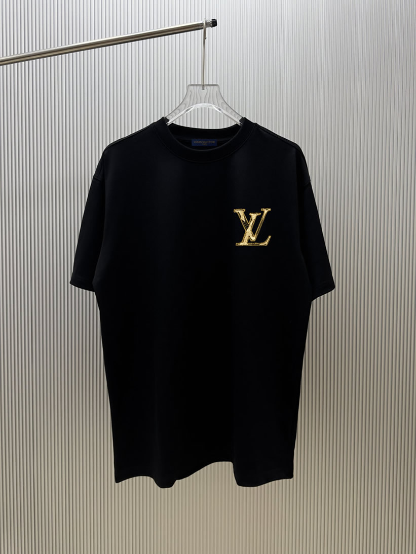 ルイ・ヴィトン lvロゴ エンブロイダリー tシャツ ブラック/ゴールド fs006