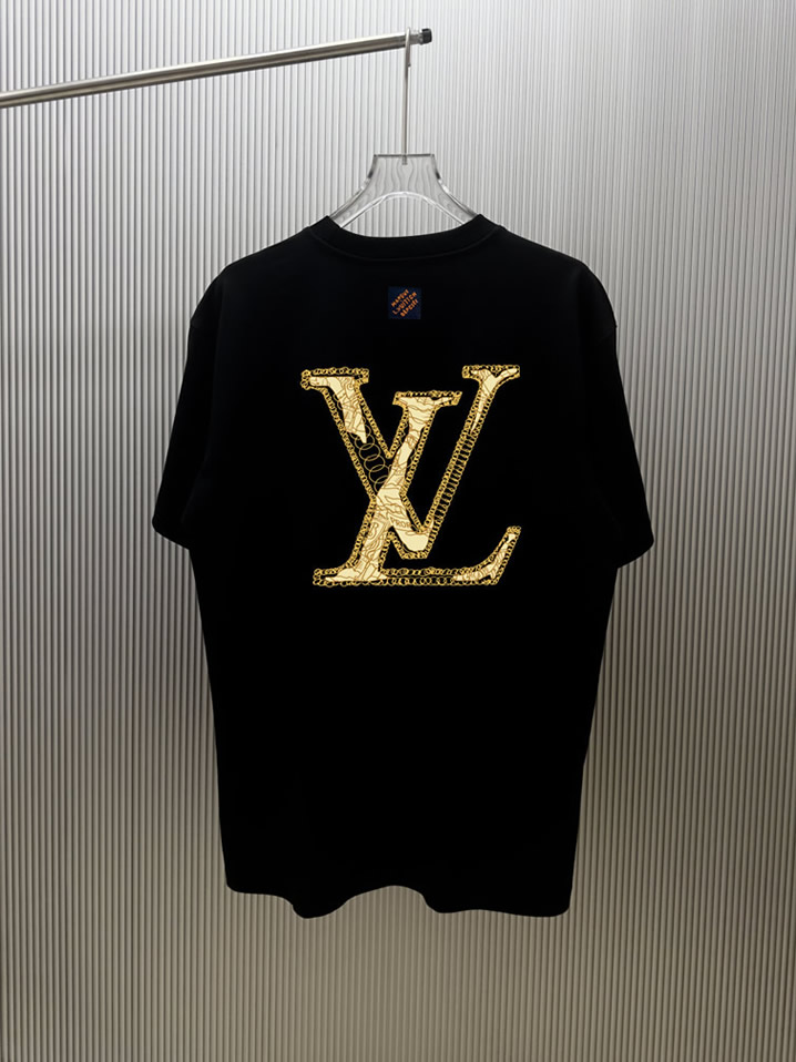 ルイ・ヴィトン lvロゴ エンブロイダリー tシャツ ブラック/ゴールド fs006