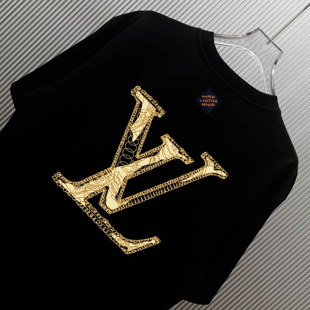 ルイ・ヴィトン lvロゴ エンブロイダリー tシャツ ブラック/ゴールド fs006