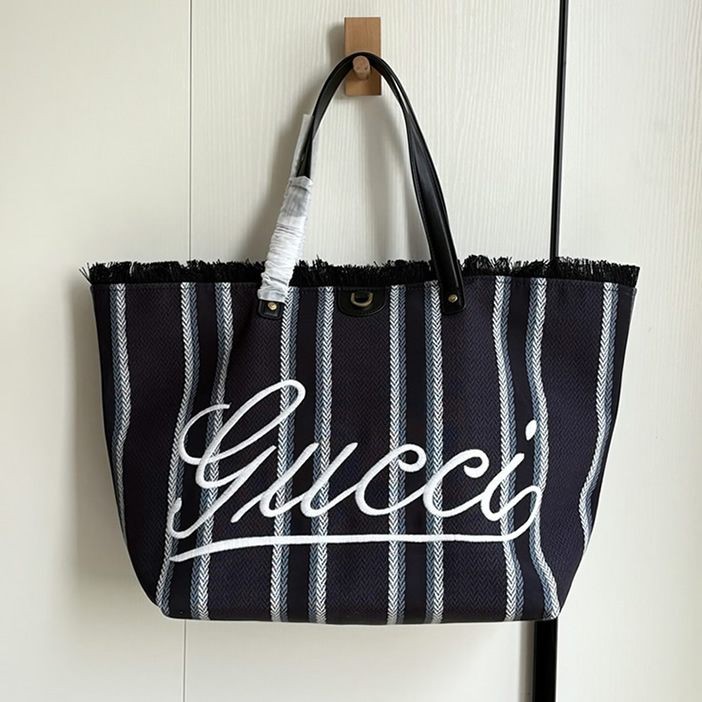 GUCCI グッチ ロゴ ストライプ キャンバス トートバッグ ネイビー GU818771 - 画像 (5)