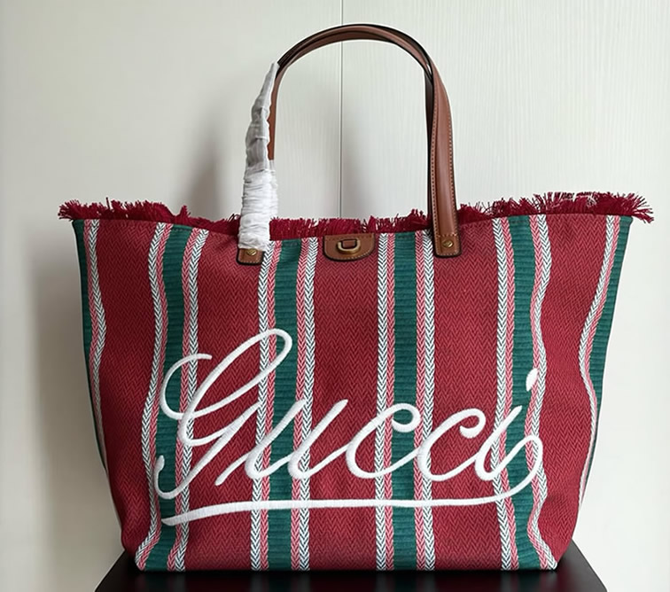 GUCCI グッチ ロゴ ストライプ キャンバス トートバッグ レッド GU818771