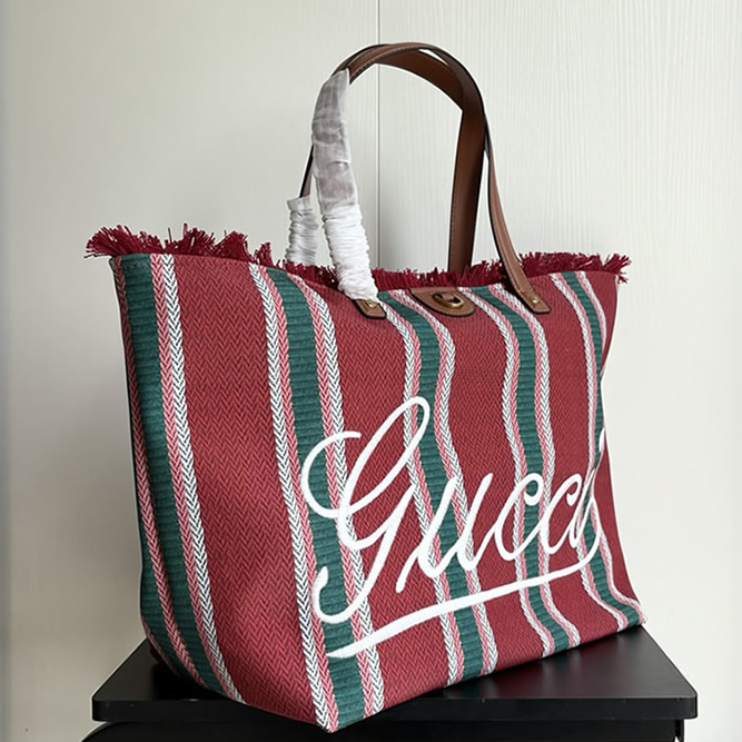 GUCCI グッチ ロゴ ストライプ キャンバス トートバッグ レッド GU818771 - 画像 (2)