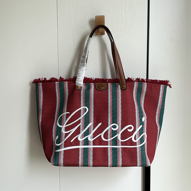 GUCCI グッチ ロゴ ストライプ キャンバス トートバッグ レッド GU818771 - 画像 (4)