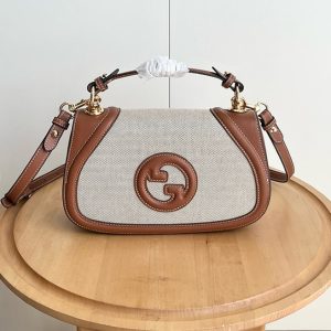 GUCCI ブロンディ スモール トップハンドルバッグ リネン キャンバス ブラウン レザー GU815714