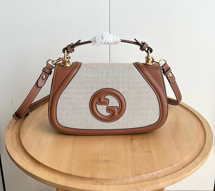 GUCCI ブロンディ スモール トップハンドルバッグ リネン キャンバス ブラウン レザー GU815714