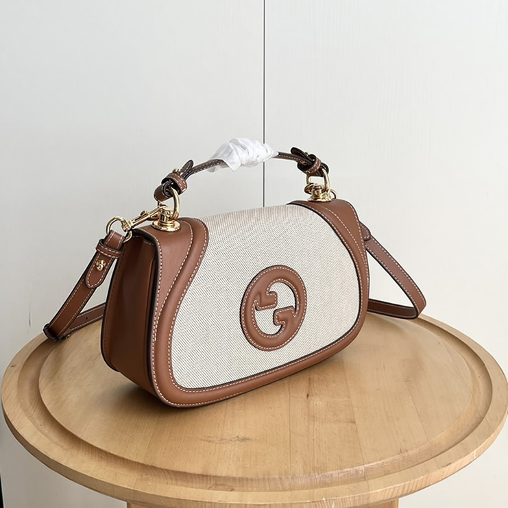 GUCCI ブロンディ スモール トップハンドルバッグ リネン キャンバス ブラウン レザー GU815714 - 画像 (2)