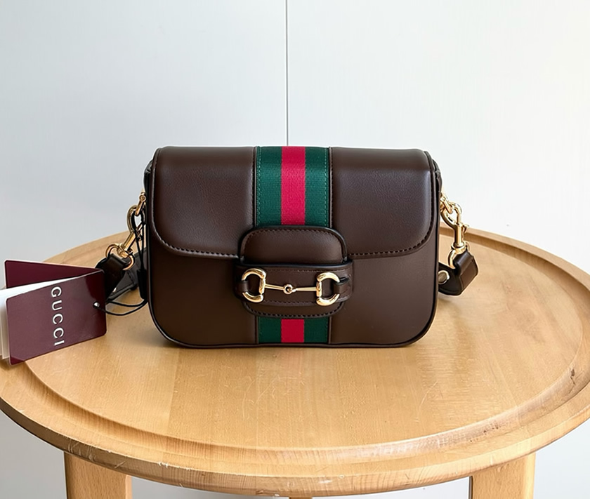 GUCCI ホースビット 1955 スモール ショルダーバッグ ダークブラウン レザー ウェブストライプ GU866762