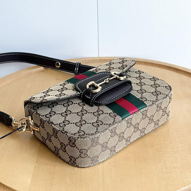 GUCCI ホースビット 1955 スモール ショルダーバッグ GGキャンバス ブラック レザー ウェブストライプ GU866762 - 画像 (5)