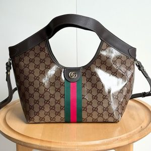 GUCCI オフィディア ミディアム トートバッグ GGクリスタル キャンバス ブラウン レザー ウェブストライプ GU860845