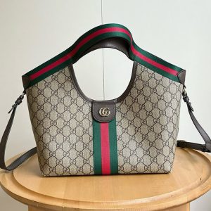 GUCCI オフィディア ミディアム トートバッグ GGスプリーム ブラウン レザー ウェブストライプ GU860845