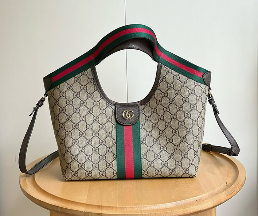 GUCCI オフィディア ミディアム トートバッグ GGスプリーム ブラウン レザー ウェブストライプ GU860845
