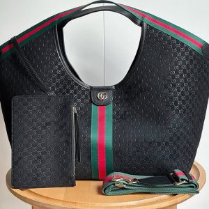 GUCCI オフィディア ラージ トートバッグ GGキャンバス ブラック ウェブストライプ ポーチ付き GU853971