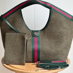 GUCCI オフィディア ラージ トートバッグ GGキャンバス ダークグリーン ウェブストライプ ポーチ付き GU853971
