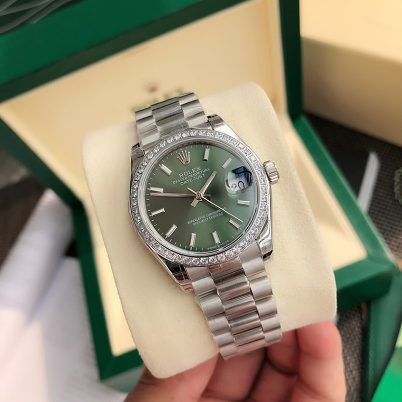 ROLEX ロレックス デイトジャスト 31 オリーブグリーン文字盤 ベゼルダイヤ メンズ レディース 腕時計 278384RBR