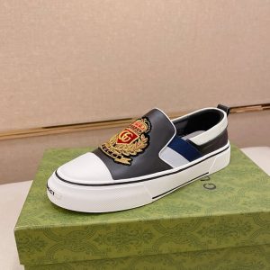 グッチ スニーカー スリッポン ブラック/ホワイト エンブレムパッチ 刺繍 レザー shoes122