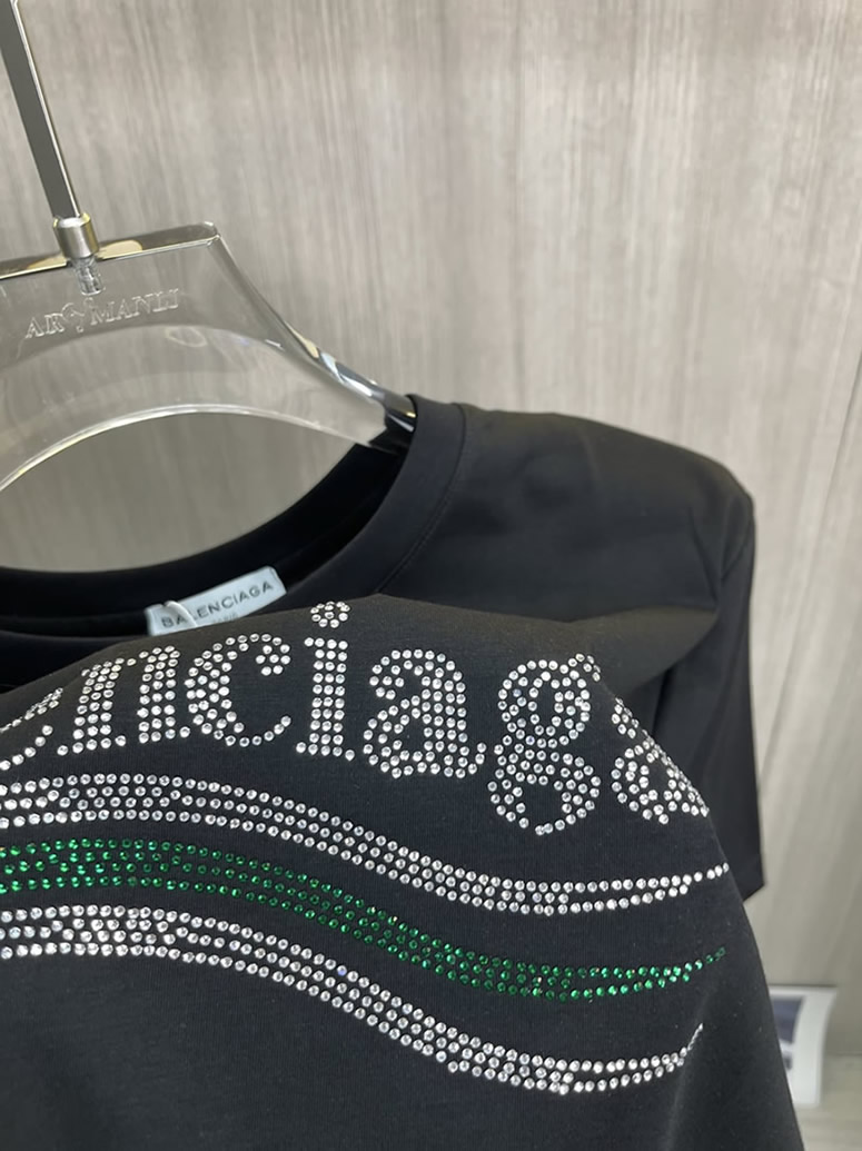 バレンシアガ ラインストーン ウェーブロゴ Tシャツ ブラック FS057 - 画像 (6)