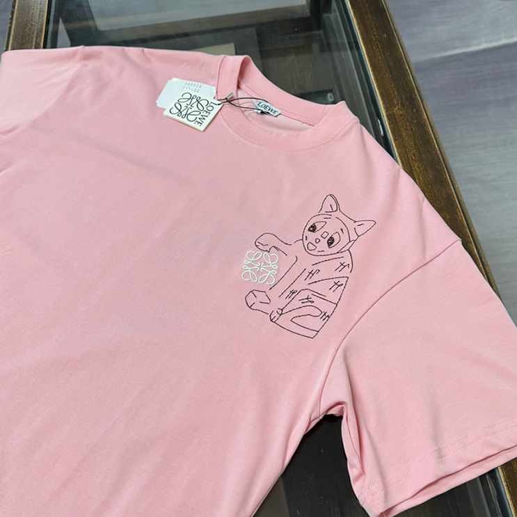 ロエベ リニア キャット エンブロイダリー Tシャツ ピンク FS124 - 画像 (2)