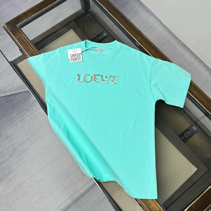 ロエベ スパンコール ロゴ エンブロイダリー Tシャツ ターコイズ FS125