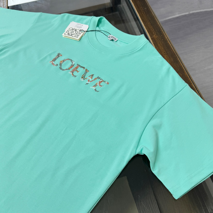 ロエベ スパンコール ロゴ エンブロイダリー Tシャツ ターコイズ FS125 - 画像 (2)