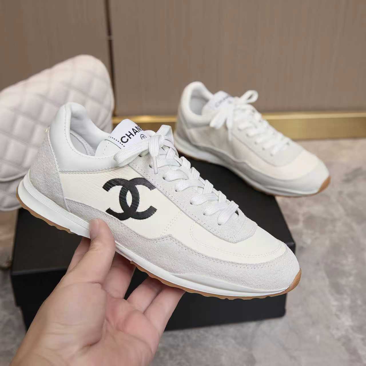 シャネル サイド CCロゴ ミックス素材 レトロ スニーカー ホワイト shoes167 - 画像 (5)