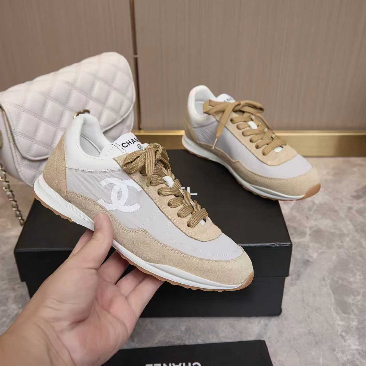 シャネル サイド CCロゴ ミックス素材 レトロ スニーカー グレー shoes168 - 画像 (3)