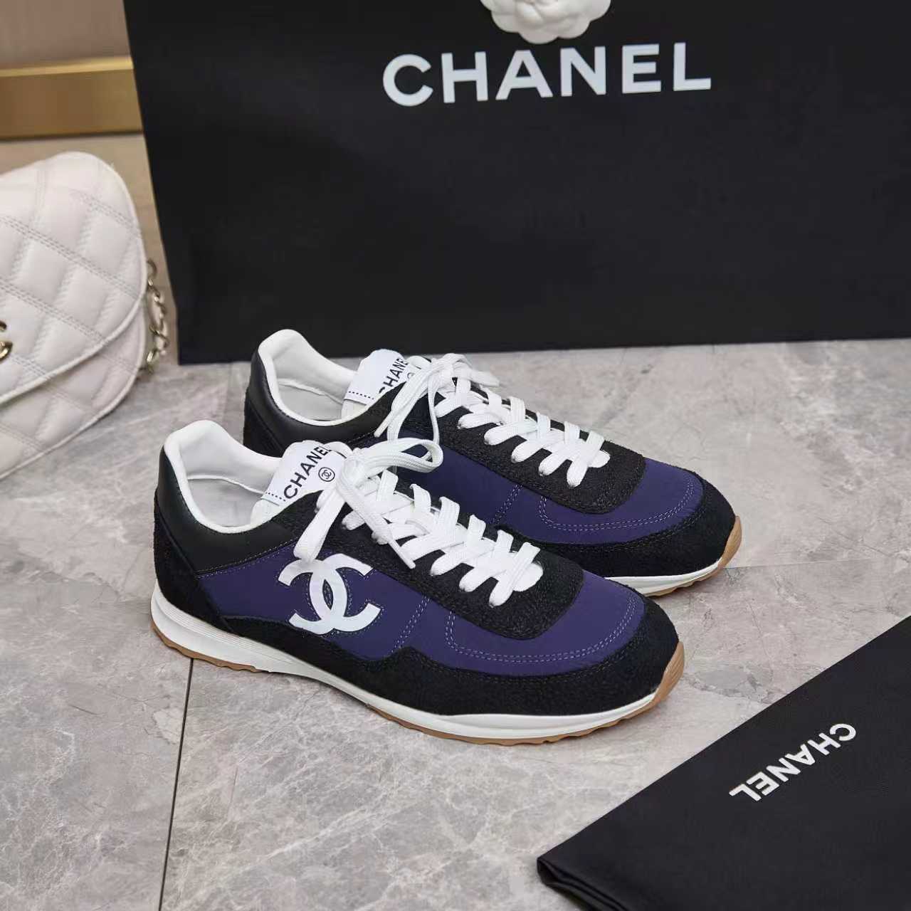シャネル サイド CCロゴ ミックス素材 レトロ スニーカー パープル shoes169 - 画像 (2)