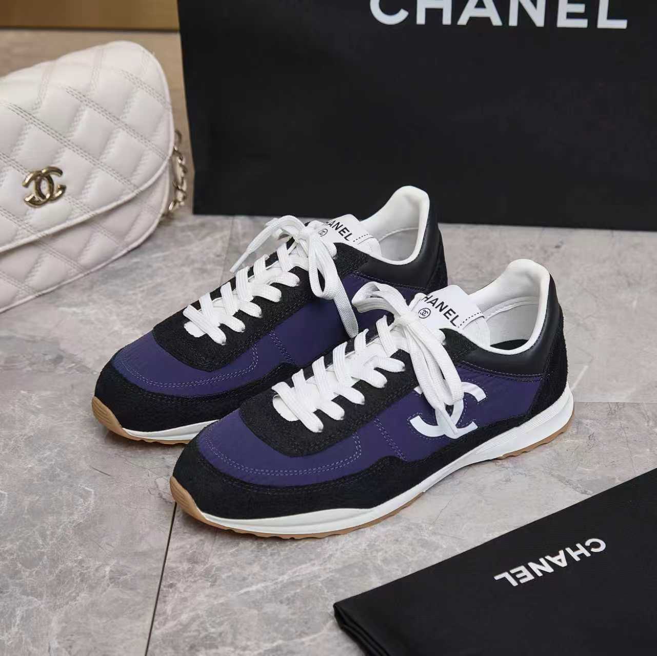 シャネル サイド CCロゴ ミックス素材 レトロ スニーカー パープル shoes169