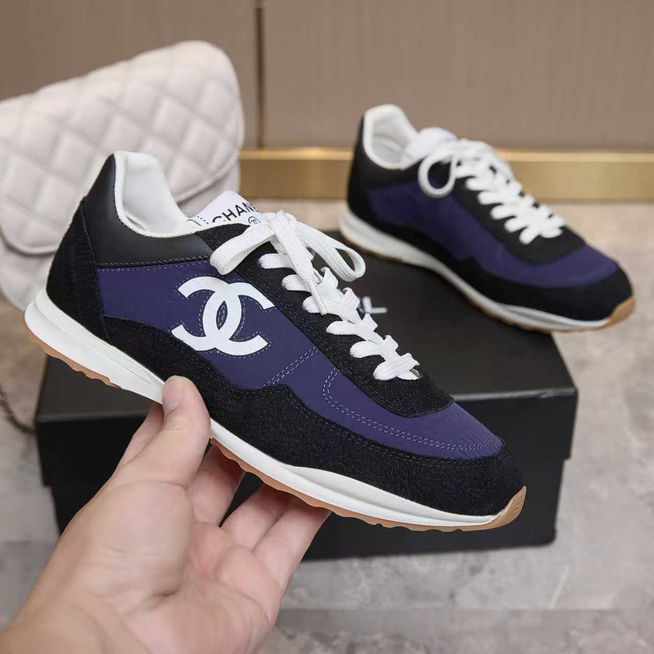 シャネル サイド CCロゴ ミックス素材 レトロ スニーカー パープル shoes169 - 画像 (3)