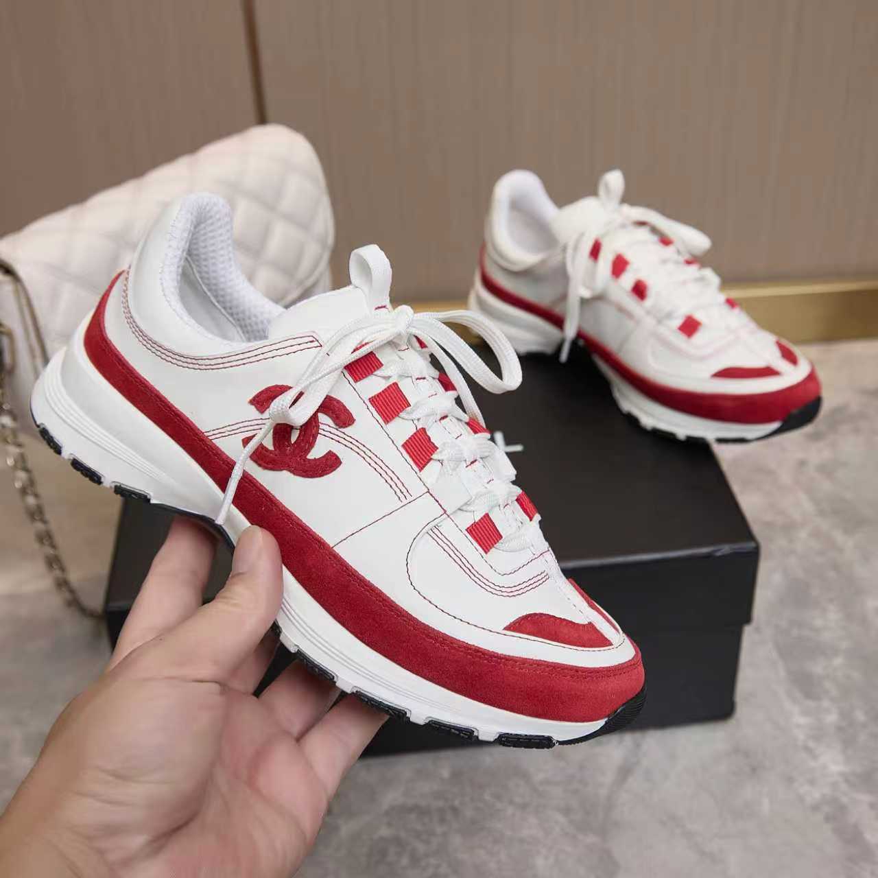 シャネル サイド CCロゴ ミックス素材 レトロ スニーカー ホワイト/レッド shoes170 - 画像 (3)