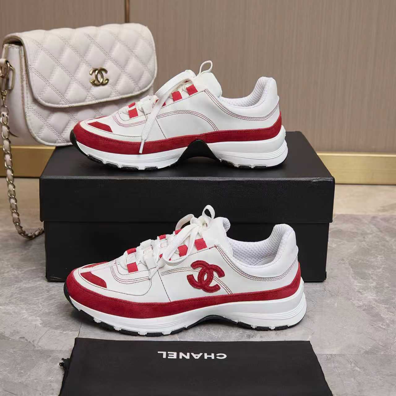 シャネル サイド CCロゴ ミックス素材 レトロ スニーカー ホワイト/レッド shoes170 - 画像 (4)