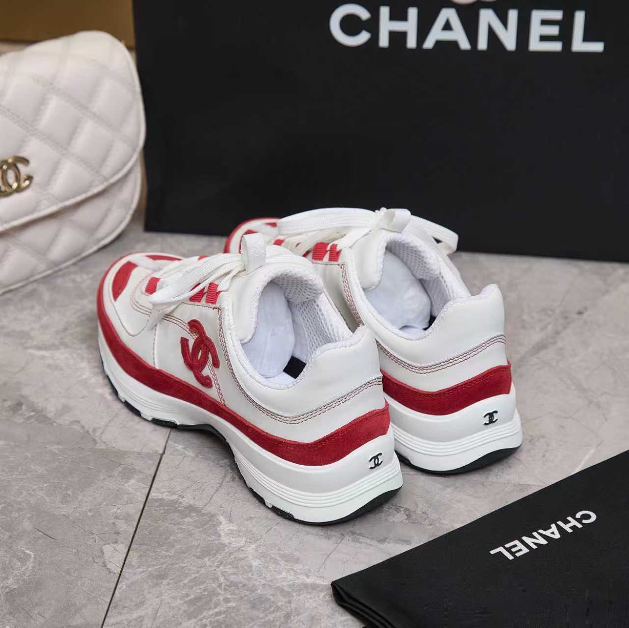 シャネル サイド CCロゴ ミックス素材 レトロ スニーカー ホワイト/レッド shoes170 - 画像 (7)
