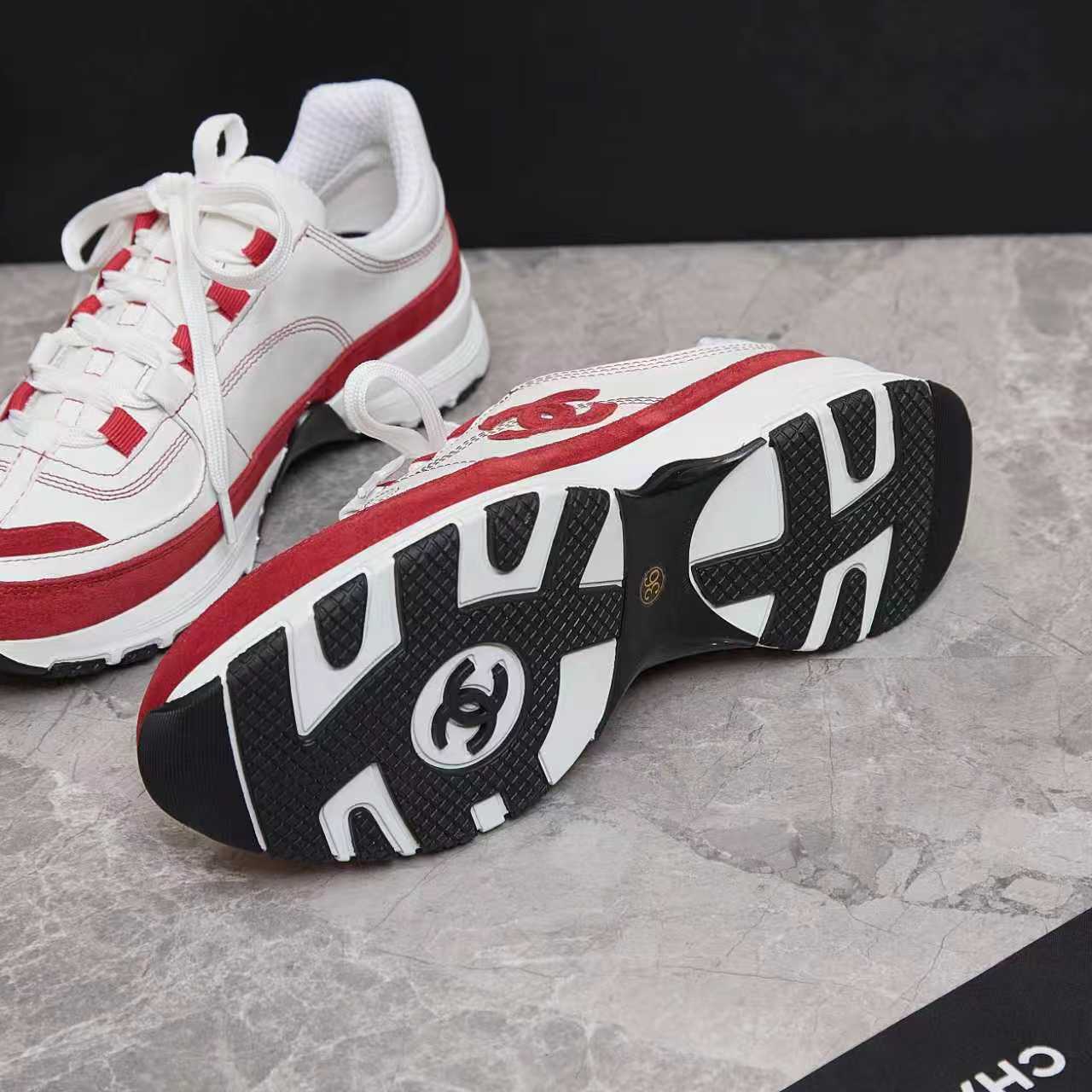 シャネル サイド CCロゴ ミックス素材 レトロ スニーカー ホワイト/レッド shoes170 - 画像 (8)
