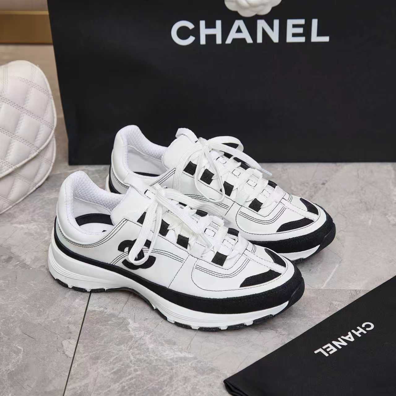 シャネル サイド CCロゴ ミックス素材 レトロ スニーカー ホワイト/ブラック shoes171 - 画像 (2)
