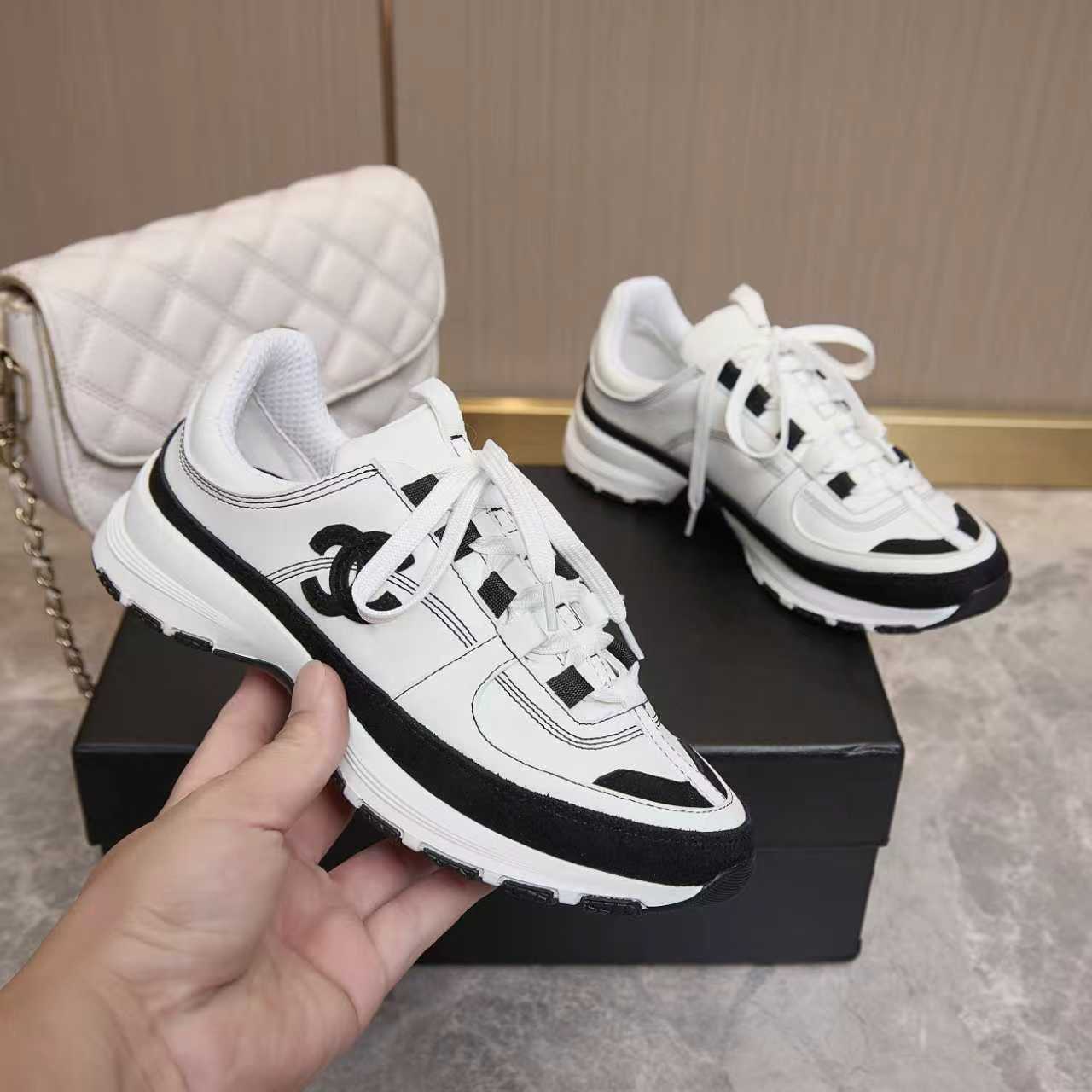 シャネル サイド CCロゴ ミックス素材 レトロ スニーカー ホワイト/ブラック shoes171 - 画像 (3)