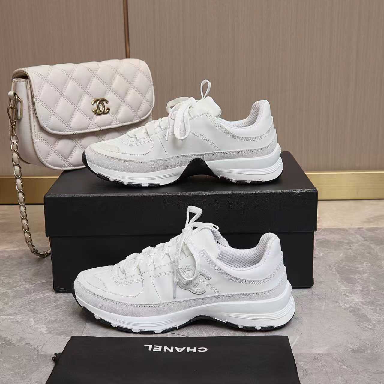 シャネル サイド CCロゴ ミックス素材 レトロ スニーカー オフホワイト shoes175 - 画像 (4)