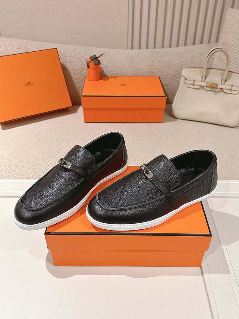 エルメス デスタン グレインド カーフスキン モカシン ブラック shoes195