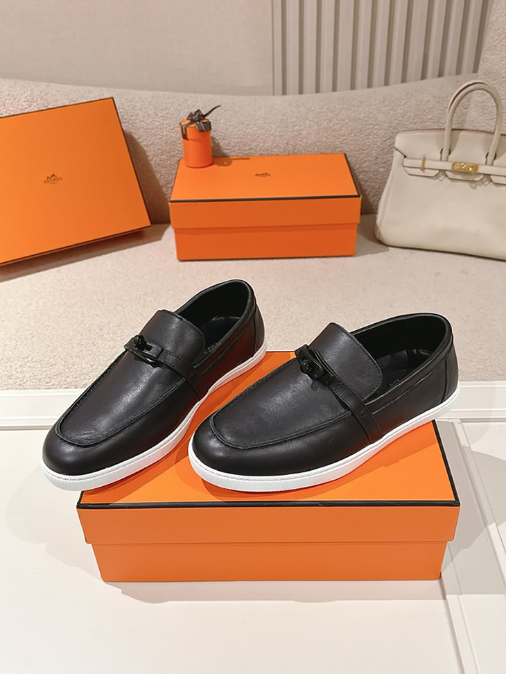 エルメス デスタン スムース カーフスキン モカシン ソーブラック shoes196