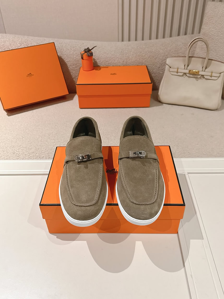 エルメス デスタン スエード カーフスキン モカシン カーキ shoes205 - 画像 (2)