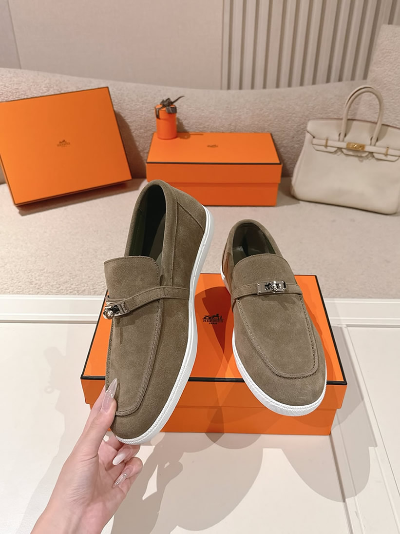 エルメス デスタン スエード カーフスキン モカシン カーキ shoes205 - 画像 (3)