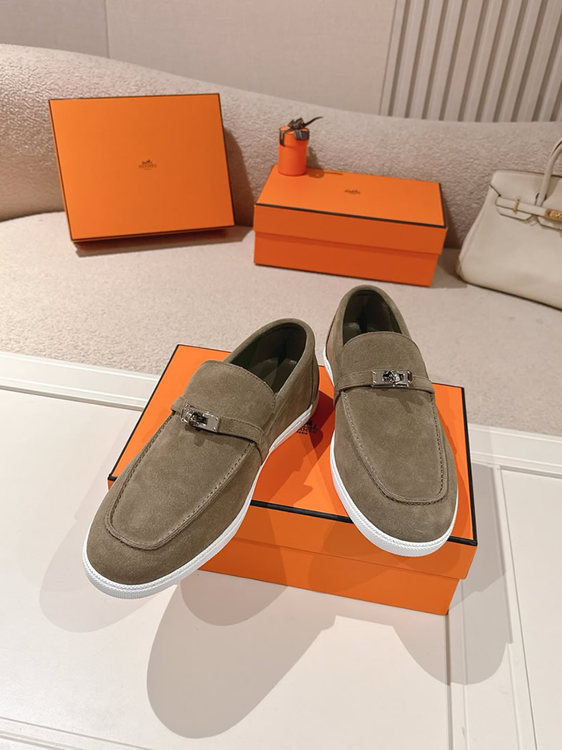 エルメス デスタン スエード カーフスキン モカシン カーキ shoes205 - 画像 (4)