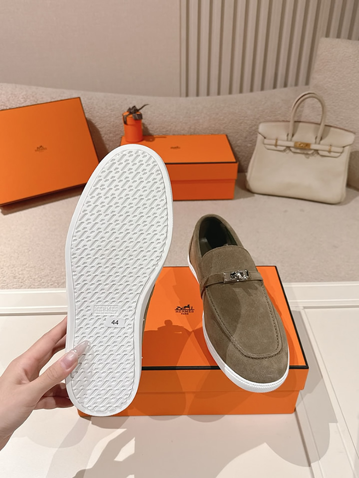 エルメス デスタン スエード カーフスキン モカシン カーキ shoes205 - 画像 (9)