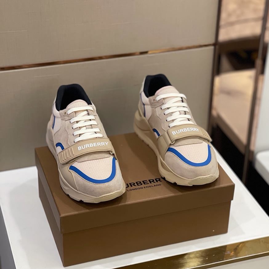 バーバリー スエード ＆ テクニカル メッシュ スニーカー ベージュ ブルー shoes253