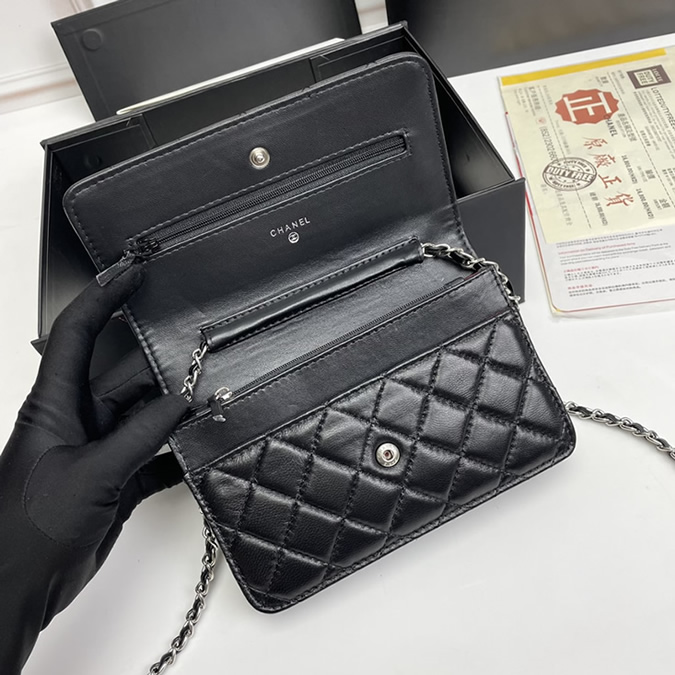 シャネル チェーンウォレット クラシック マトラッセ ラムスキン ブラック シルバー金具 レディース CH33814 - 画像 (6)