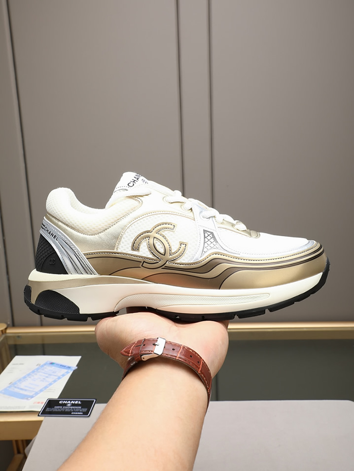 シャネル スニーカー メッシュ ラムスキン ゴールド ホワイト CCロゴ shoes295
