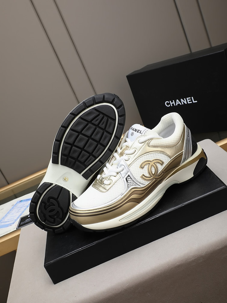 シャネル スニーカー メッシュ ラムスキン ゴールド ホワイト CCロゴ shoes295 - 画像 (3)