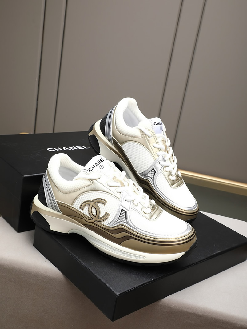 シャネル スニーカー メッシュ ラムスキン ゴールド ホワイト CCロゴ shoes295 - 画像 (4)