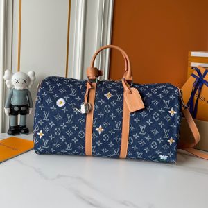 ルイヴィトン ボストンバッグ キーポル 50 モノグラム デニム フラワー 刺繍 2WAY M27781